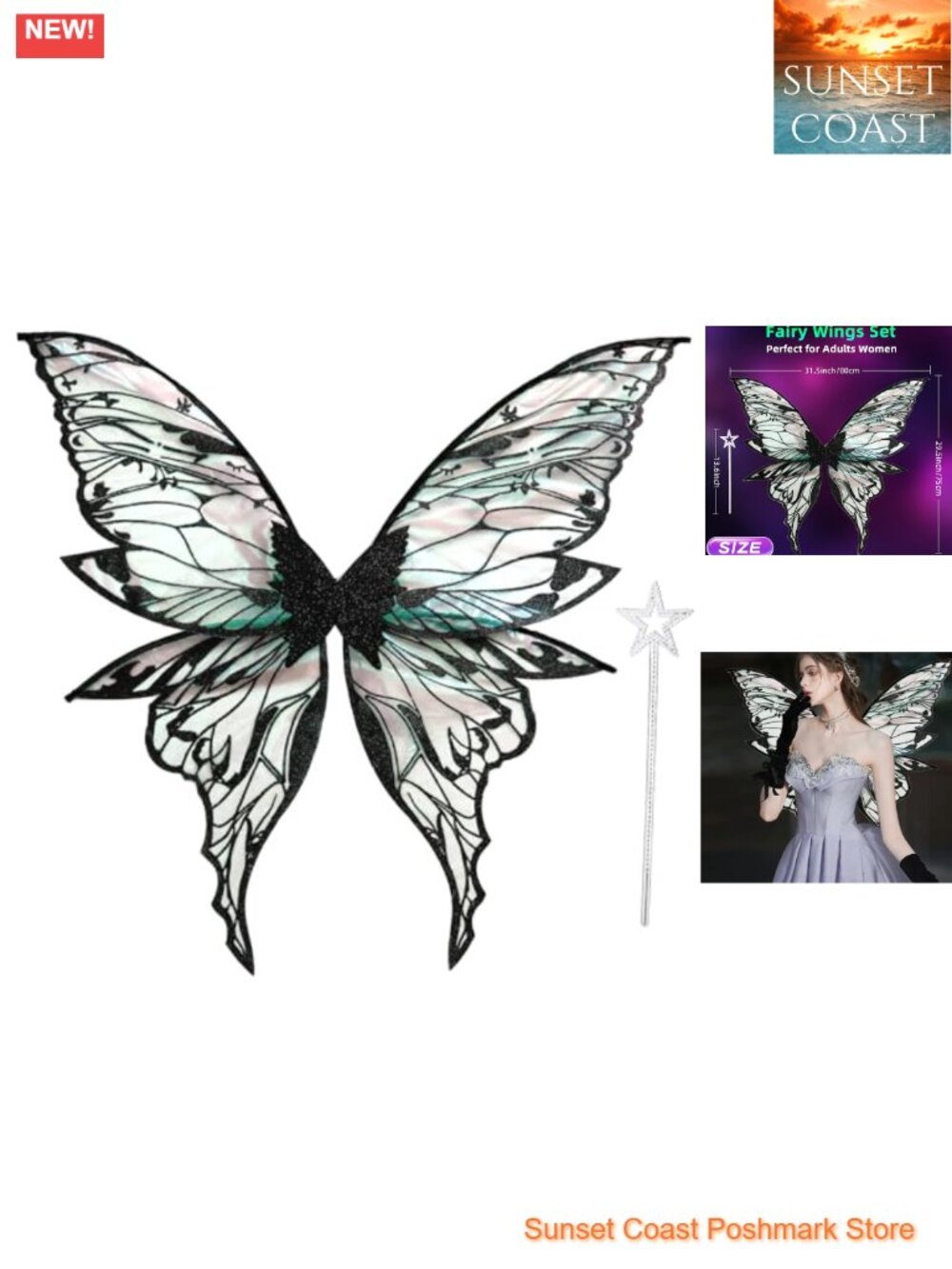 Fairy Wings Adults 31.5"x29.5" Costume Set Organza Butterfly Wings Halloween